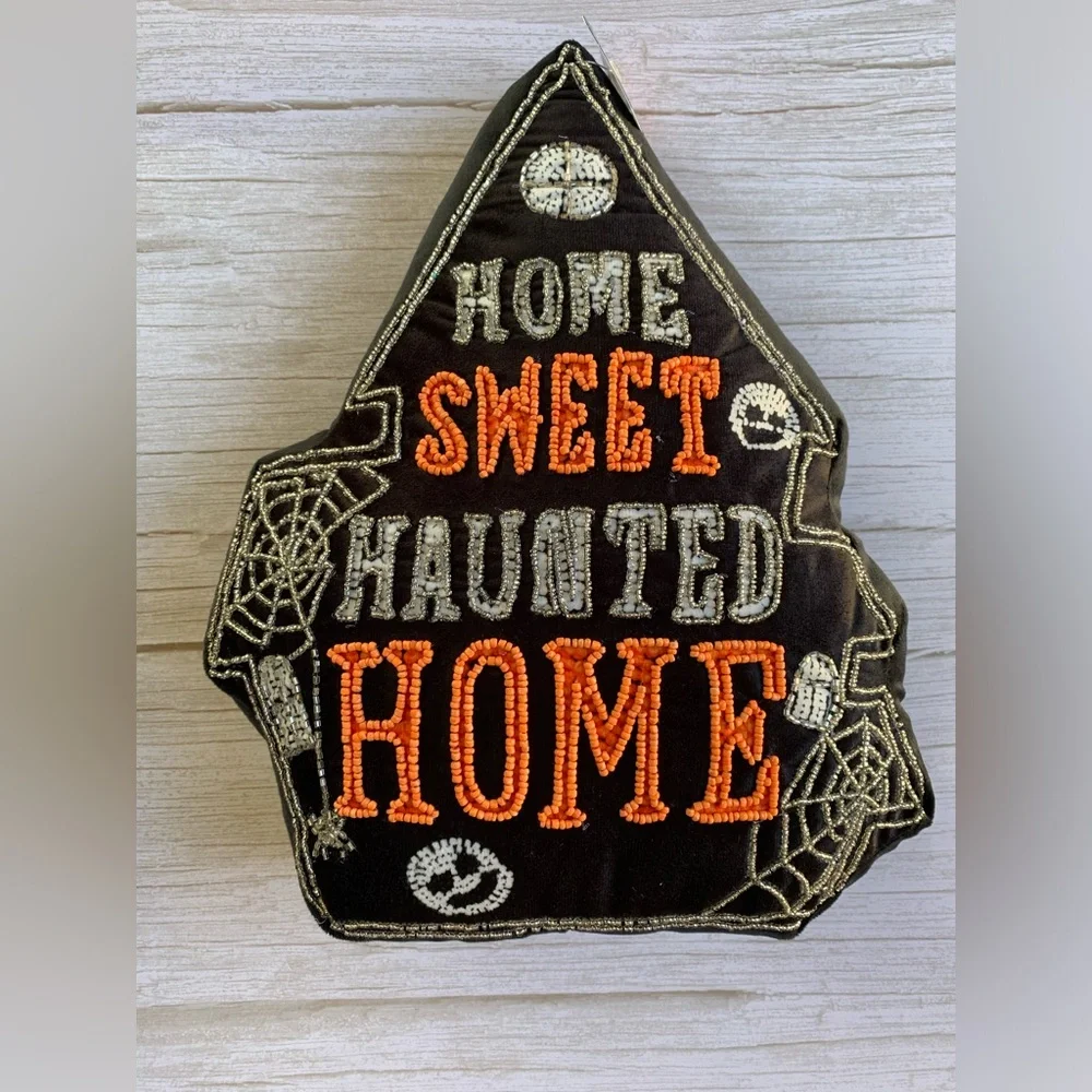 Halloween Decor Pillow Home Sweet Haunted Home Beaded Black/Orange- NWT